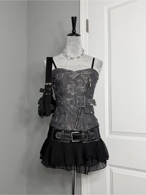 Y2K Lydia Asymmetrical Zip Belted Cargo Corset Top in a Stonewashed Grey